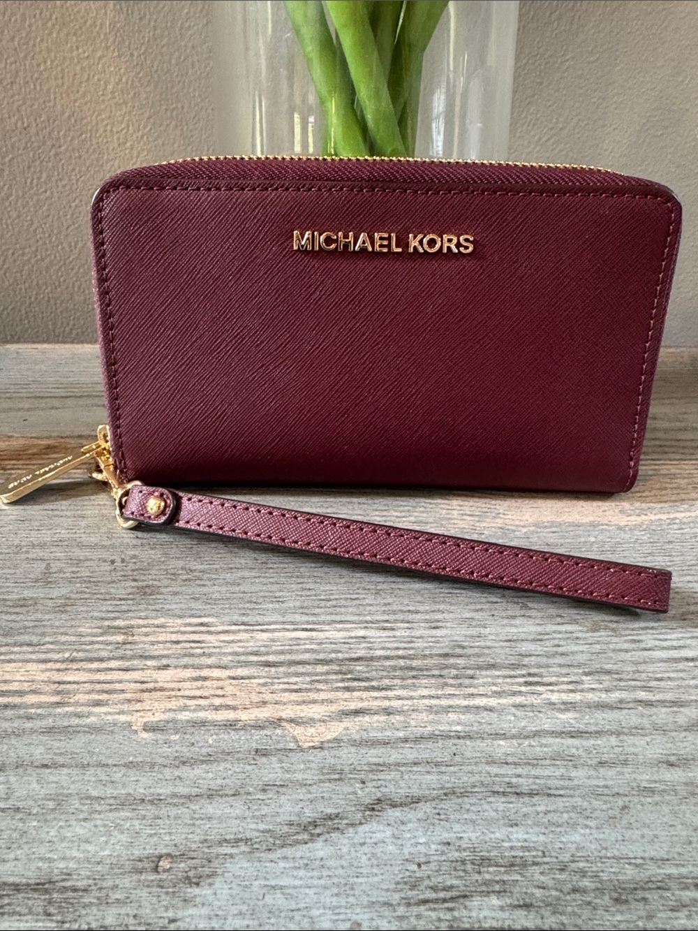 Michael Kors Burgundy Saffiano Wristlet Wallet with Gold Logo